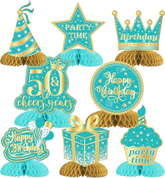 8 Pieces 50th Birthday Decorations Teal Gold, 50th