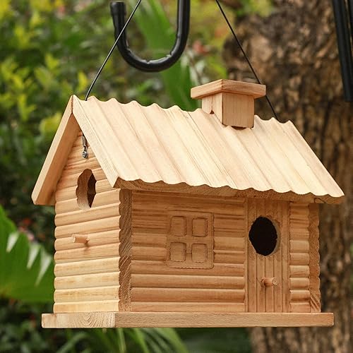 Miniatura 2 de STARSWR Casa de pájaros en el exterior, casas para pájaros al aire libre, cabaña de madera natural para pájaros, 2 agujeros, pinzón azul,