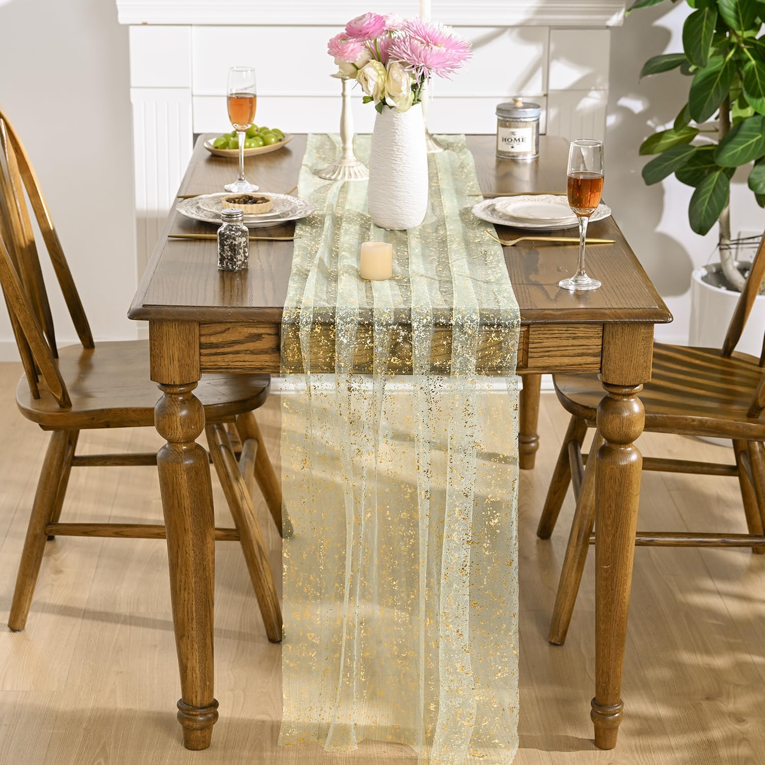 Artoid Mode 10PCS Sage Green Gold Gauze Table Runner 120 Inch 10FT, Glitter Metallic Foil Sheer Dining Wedding Anniversary Holiday Birthday Table Decor for Home Party