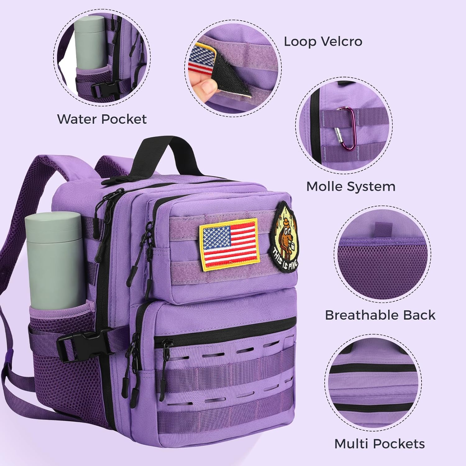 9L Mini Tactical Backpack for Men Women,Small Military Tactical Backpack for Sport,Gym,Hiking,Travel,Camping (Purple) - Image 2