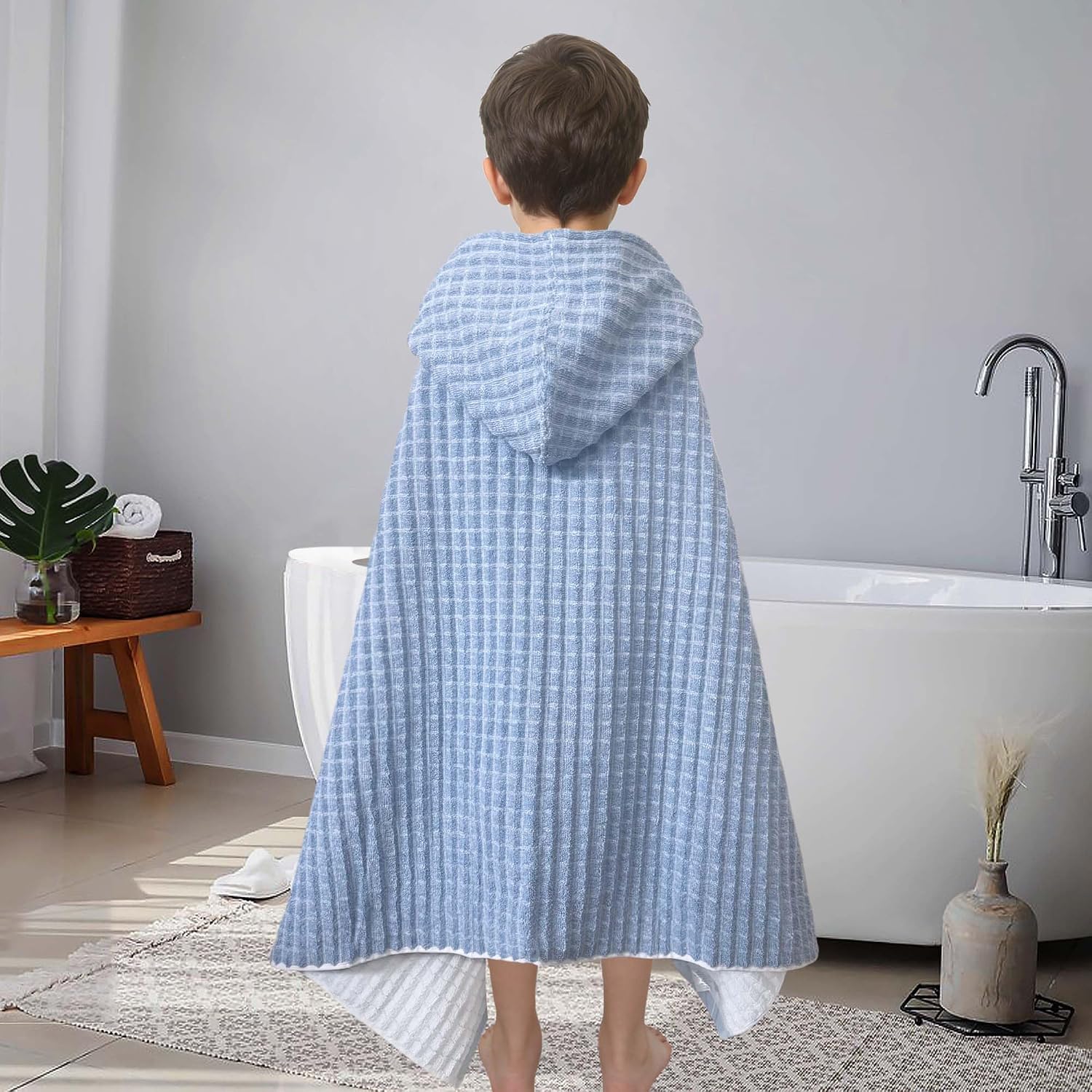 VOOVA & MOVAS Kids Hooded Towel 3-10 Years 100% Cotton Checkered Light Blue image 5
