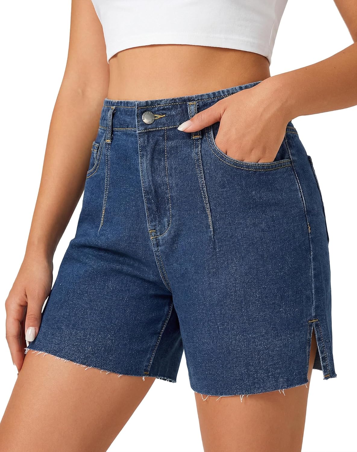 roswear Women’s Jean Shorts Casual Stretch Denim Thigh Shorts Wide Leg with Slit Hem