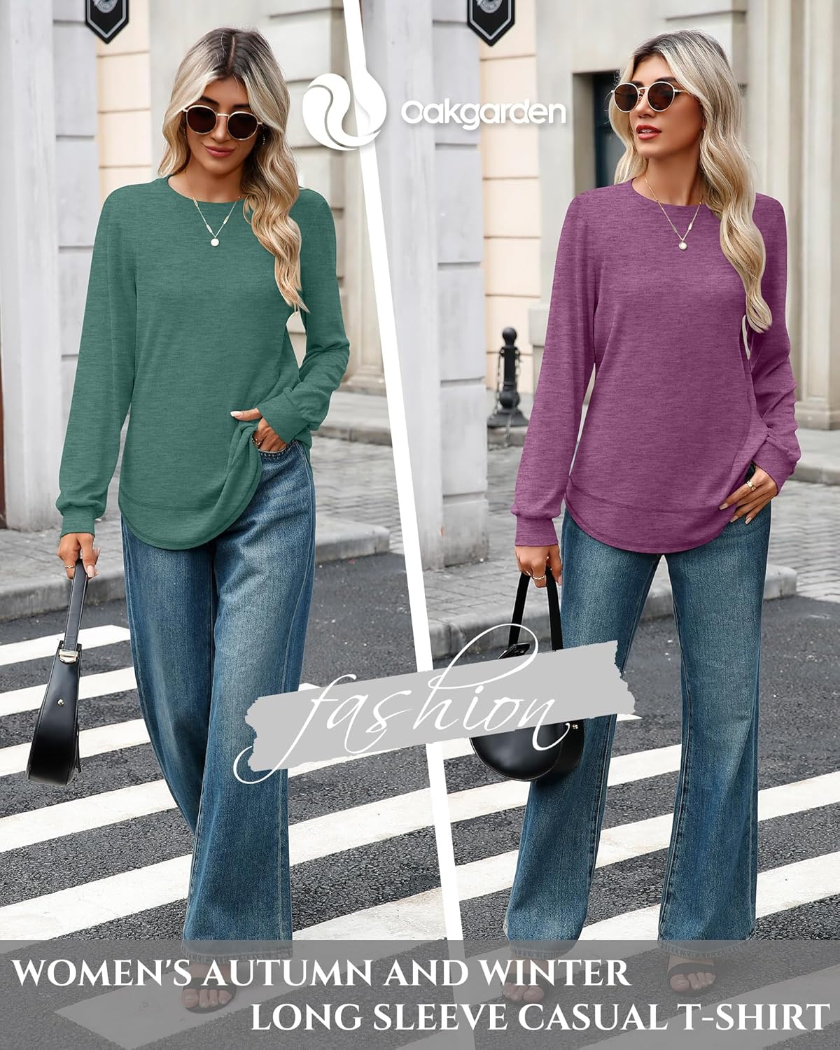 4 Pack Women's Long Sleeve Sweatshirts, Crew Neck Cotton Tees Curved Hem Tunic Pullover Shirts Knit Loose Tops - Image 6