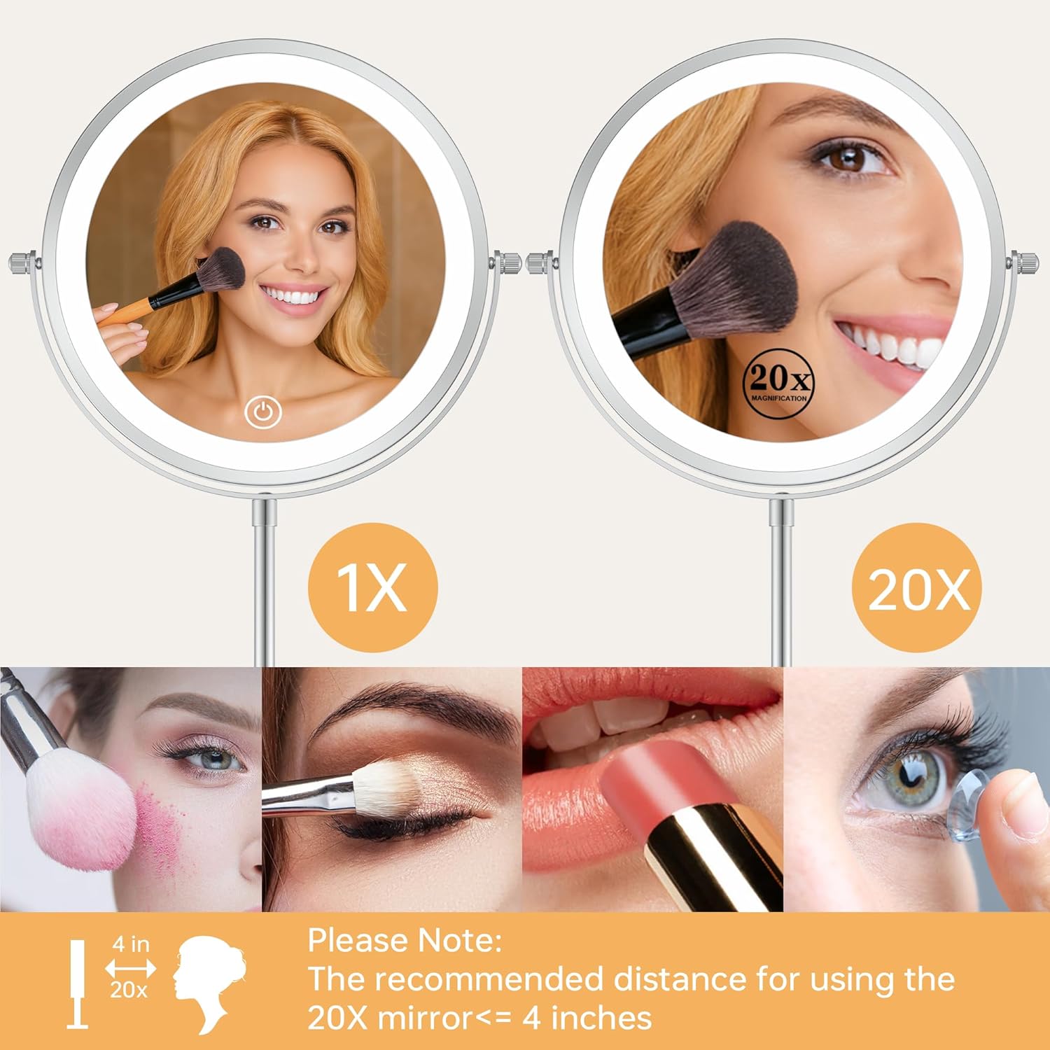 Makeup Mirror with Lights, Height-Adjustable Lighted Makeup Mirror with 1X/20X Magnification, 360° Swivel Rechargeable Double Sided Vanity Mirror with 3 Color Dimmable Lights, Gifts for Women