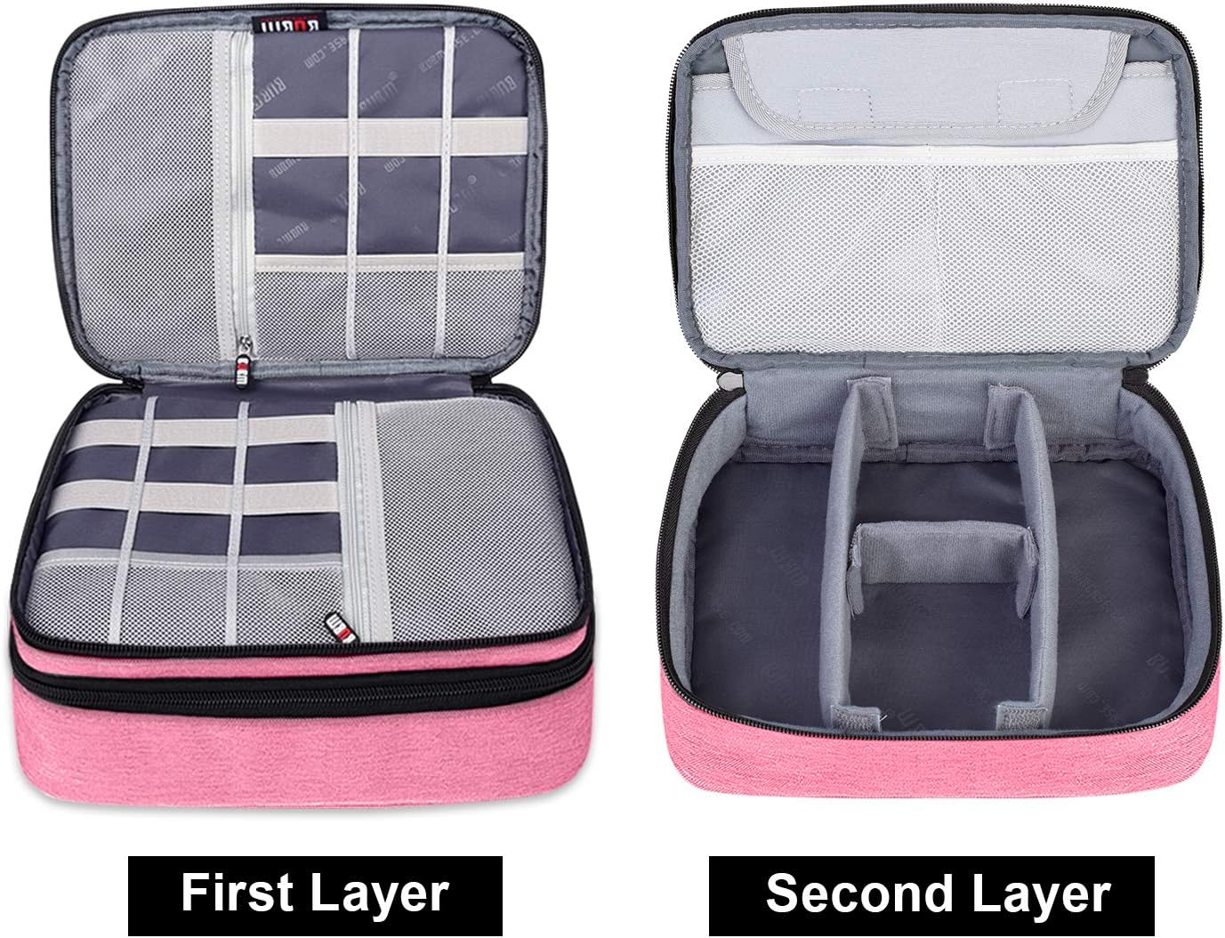 BUBM Electronic Organizer, Double Layer Travel Accessories Storage Bag for Cord, Adapter, Battery, Camera and More-a Sleeve Pouch for iPad or up to 9.7" Tablet(Large, Denim Pink)