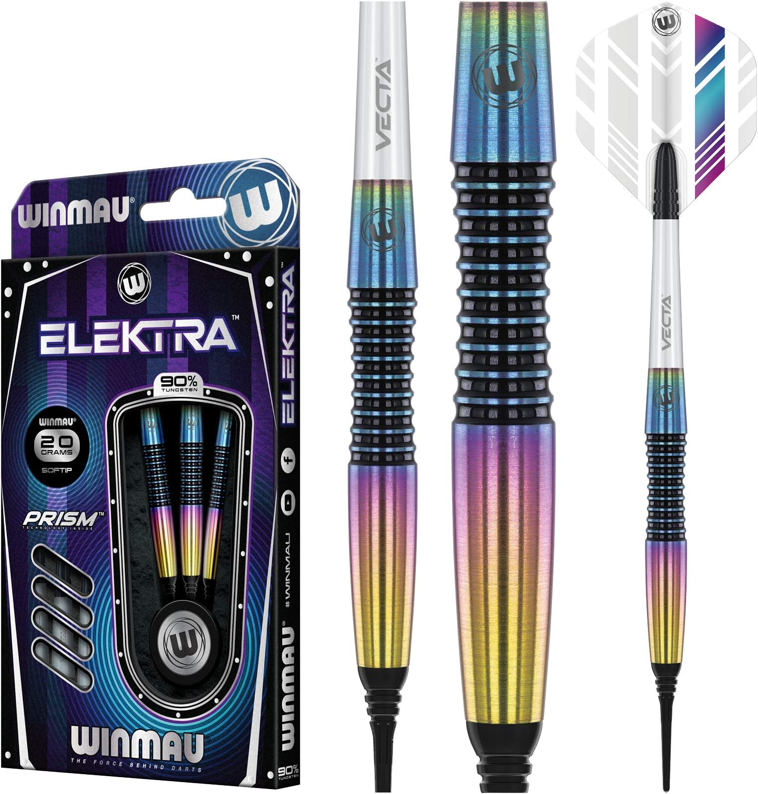 Elektra 90% Tungsten Soft Tip Darts with Prism Flights and Vecta Shafts (Stems) 18 gram - Urban Grip - Match Weighed - Streamline Torpedo Profile