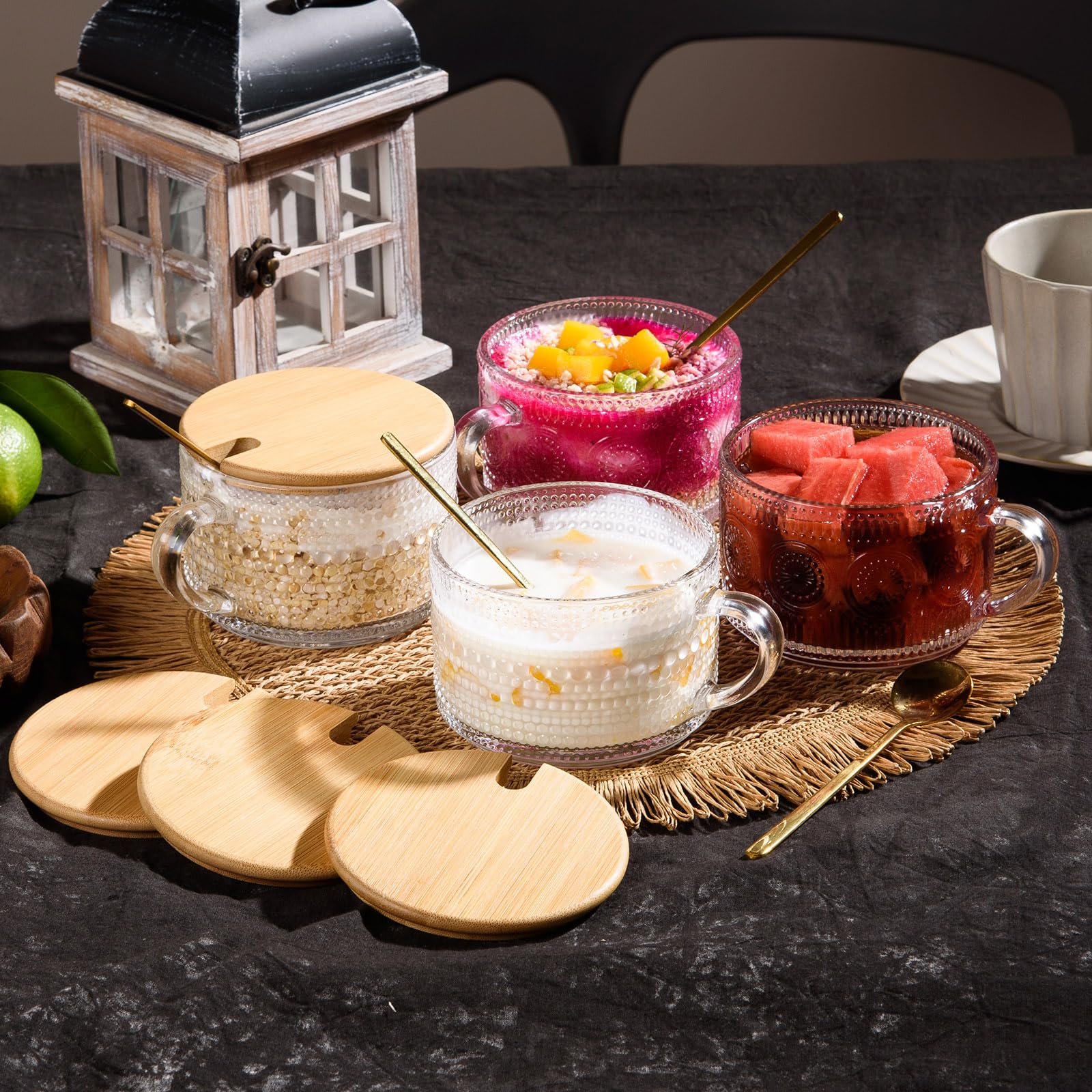 4pcs Set Vintage Coffee Mugs, Overnight Oats Containers with Bamboo Lids and Spoons - 14oz Clear Embossed Glass Cups, Cute Tea Coffee Bar Accessories, Suitable for Juice Beer Glasses, Cola Cups