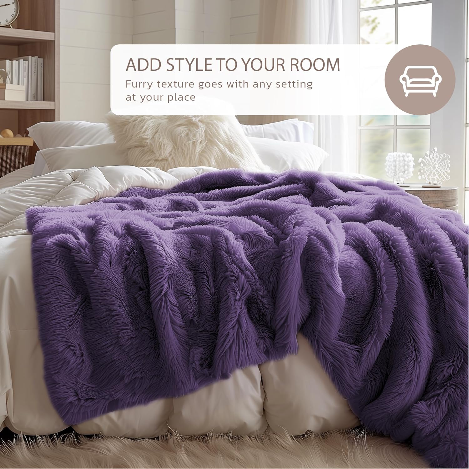 Hyde Lane Purple Fuzzy Throw Blanket, 2 Way Reversible Ultra Soft Long Faux Fur Throws, Shaggy Cozy Fluffy Blankets for Couch Sofa Home Decor, 60x80 - Image 4