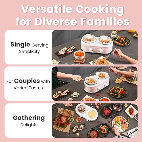 Miniatura 2 de KOOC Olla de cocción lenta doble pequeña, servidor de buffet y calentador, 2 mini ollas con 3 temperaturas ajustables individuales, ollas de
