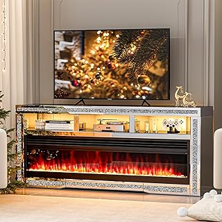 IKIFLY Mirrored Fireplace TV Stand for 65+ inch TV, Silver TV Console Ta...