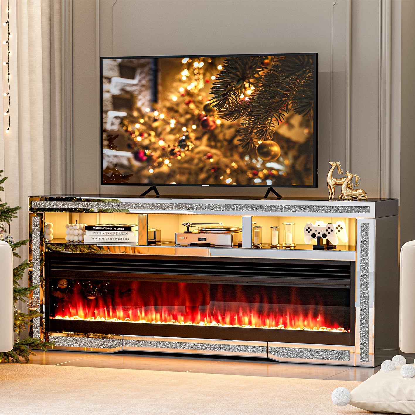 Amazon.com: IKIFLY Mirrored Fireplace TV Stand for 65+ inch TV