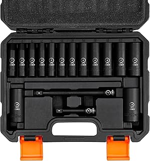 BOEN 3/8" Drive Deep Impact Socket Set, 16 Piece Metric Socket Set 7 to 22mm, Includes 3", 6" Extension Bars, 6 Point Design, Cr-V Steel, Heavy Duty Storage Case