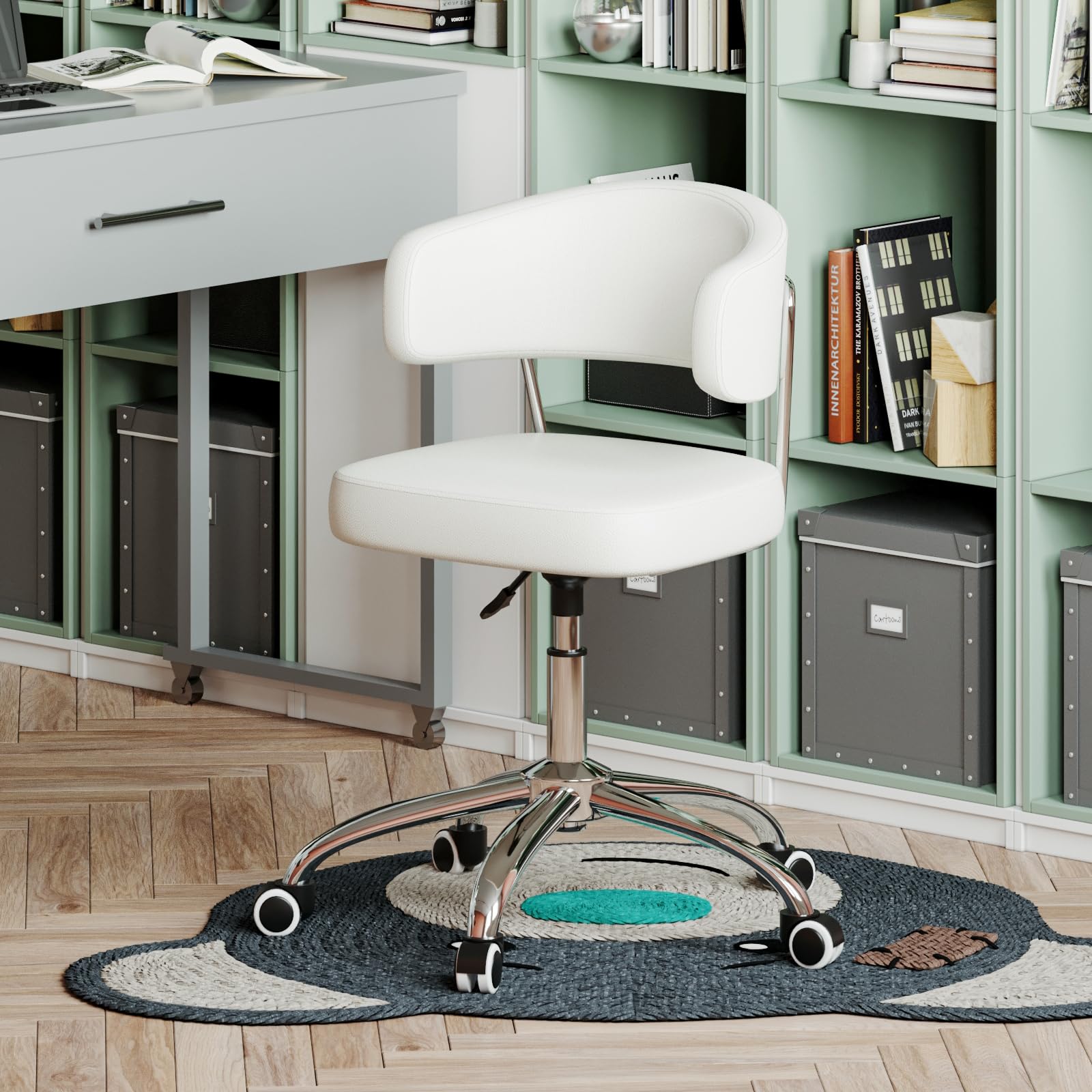 Silla de Oficina con Altura Ajustable, Ideal como Silla Tocador con Respaldo Curvo, Silla Giratoria de PU, Capacidad de Carga hasta 150 kg, Silla de Escritorio para Oficina y Dormitorio, Blanco