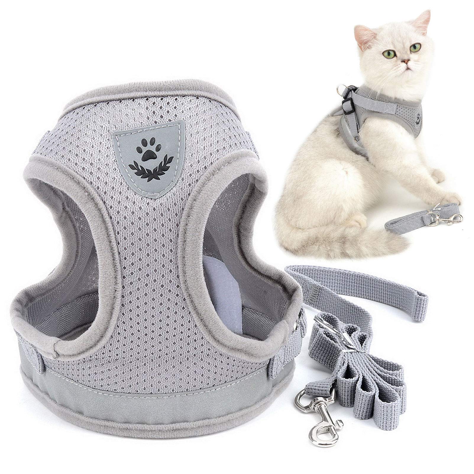 Harnais Et Laisse Pour Chat – Réglable, Bande Réfléchissante, Maille Respirante, Gris Foncé, Taille M