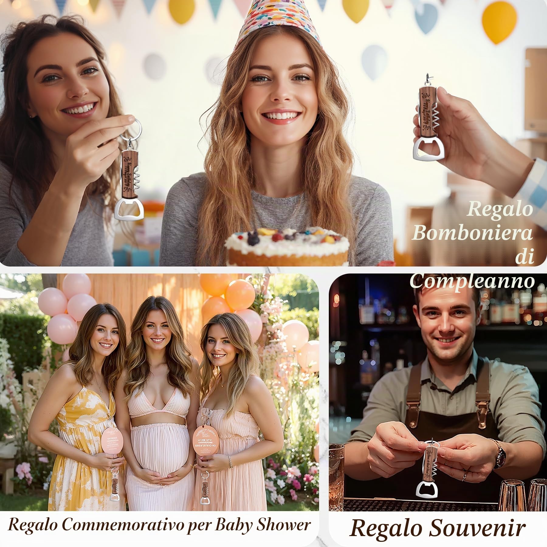 60 Pezzi Apri Bottiglie in Palissandro Personalizzato Multifunzionale, Bomboniere Regalo per Matrimoni e Feste di Compleanno, Portachiavi Apribottiglie Incisi per Ospiti