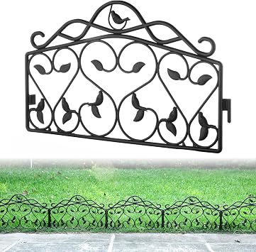 Evelyne Decorative Garden Border Plastic Edging PP Plastic, Short Metal-Free Faux Wrought Iron Leaf & Bird Design, 16pcs Yard Landscaping Fence Liner Lawn Edge Barrier, 20ft Kit of Decorative Panels