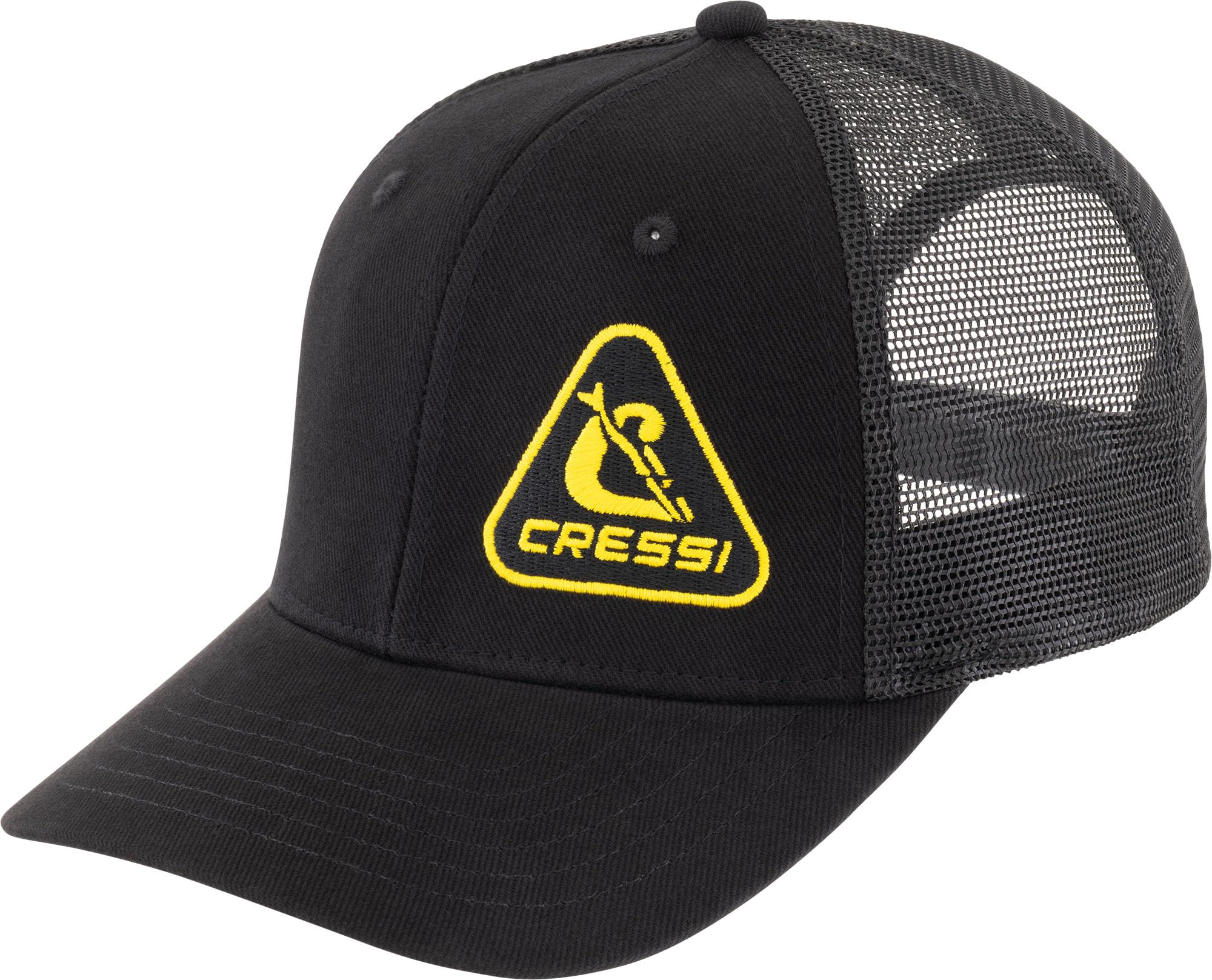 Cressi Trucker Cap Black/Yellow with Peaked, Sporty and Functional, Featuring Breathable Mesh Panels and PVC Back Closure, One Size Fits All Unisex