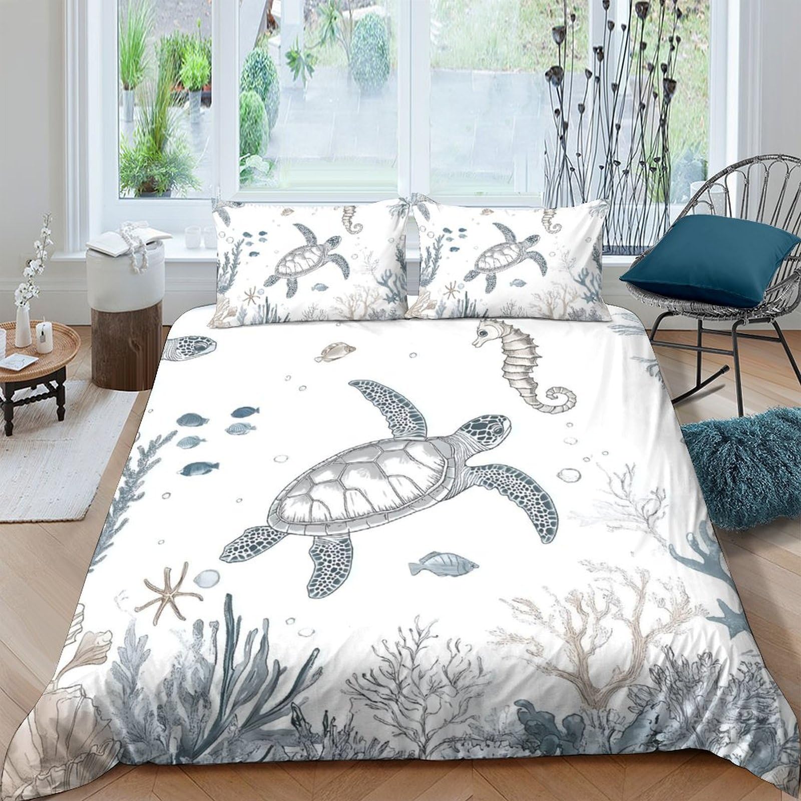 GPLZQXKJNH 3D Printed Sea Turtle Ocean Duvet Cover Microfiber Soft Breathable Coral Reef Bedding Set with 2 Pillowcases for Bedroom Decor Single（135x200cm）