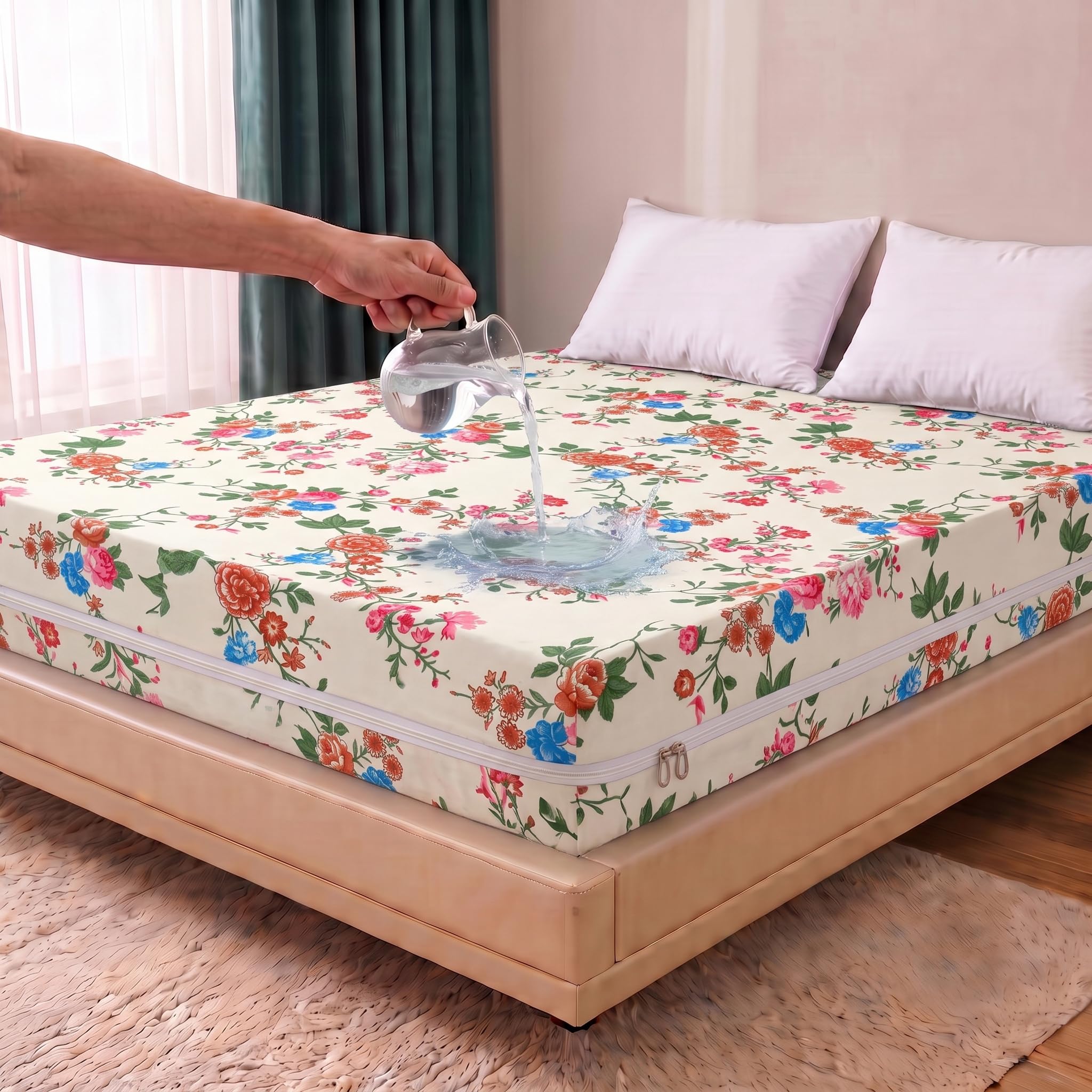 WELLFIT® Waterproof Premium Glace Cotton 300 TC Mattress Protector Queen Size | 60x72x6 Inches | Bed Cover with Zip | Mattress Cover with Zipper Chain | 5x6 Ft Mattresses