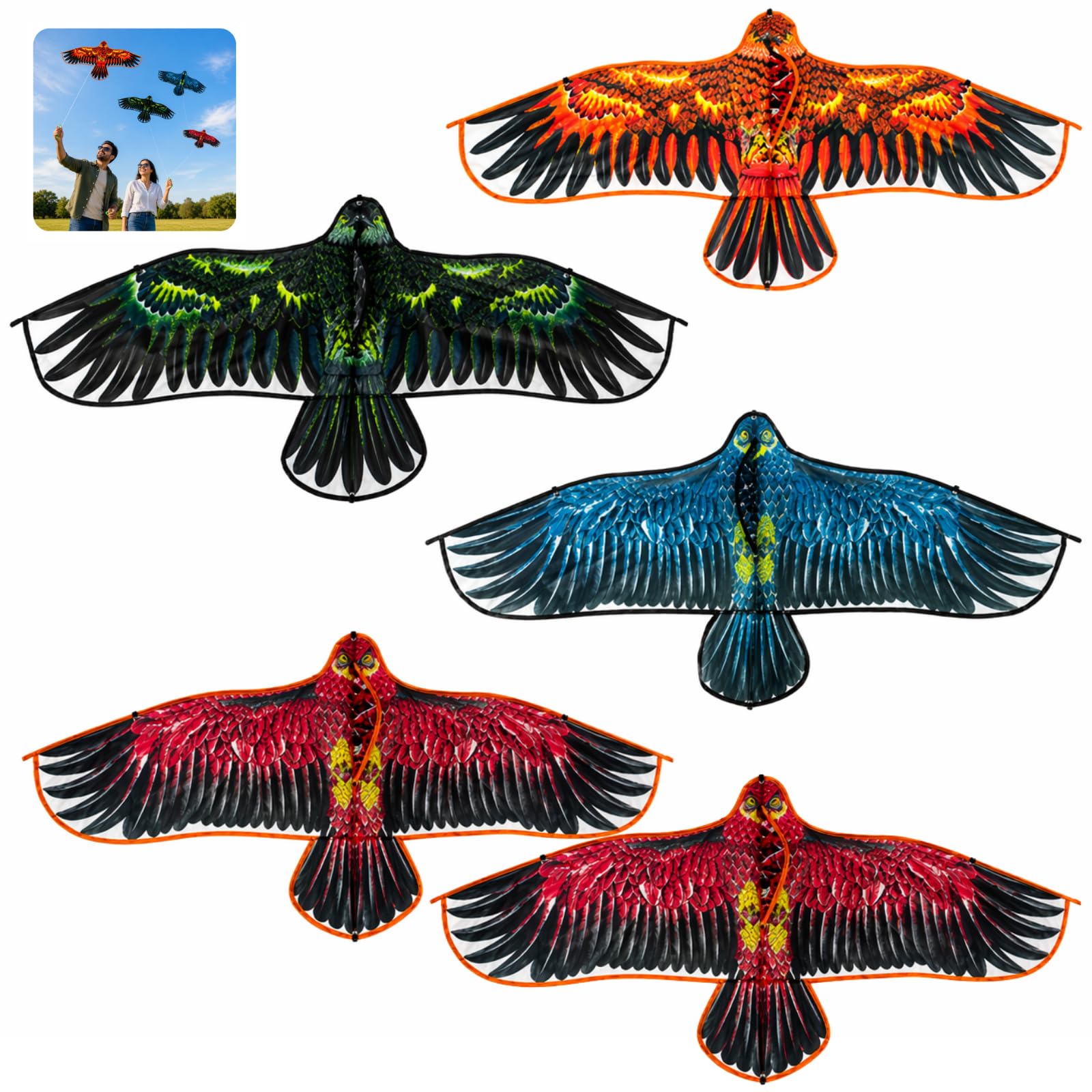 Eagle Kites Set Large 1.2m Bird Kites with String Outdoor Flying Toys Easy to Assemble Kite Bundle for Kids Adults Beach Park Assorted Colours with 30m Line - 5x Random