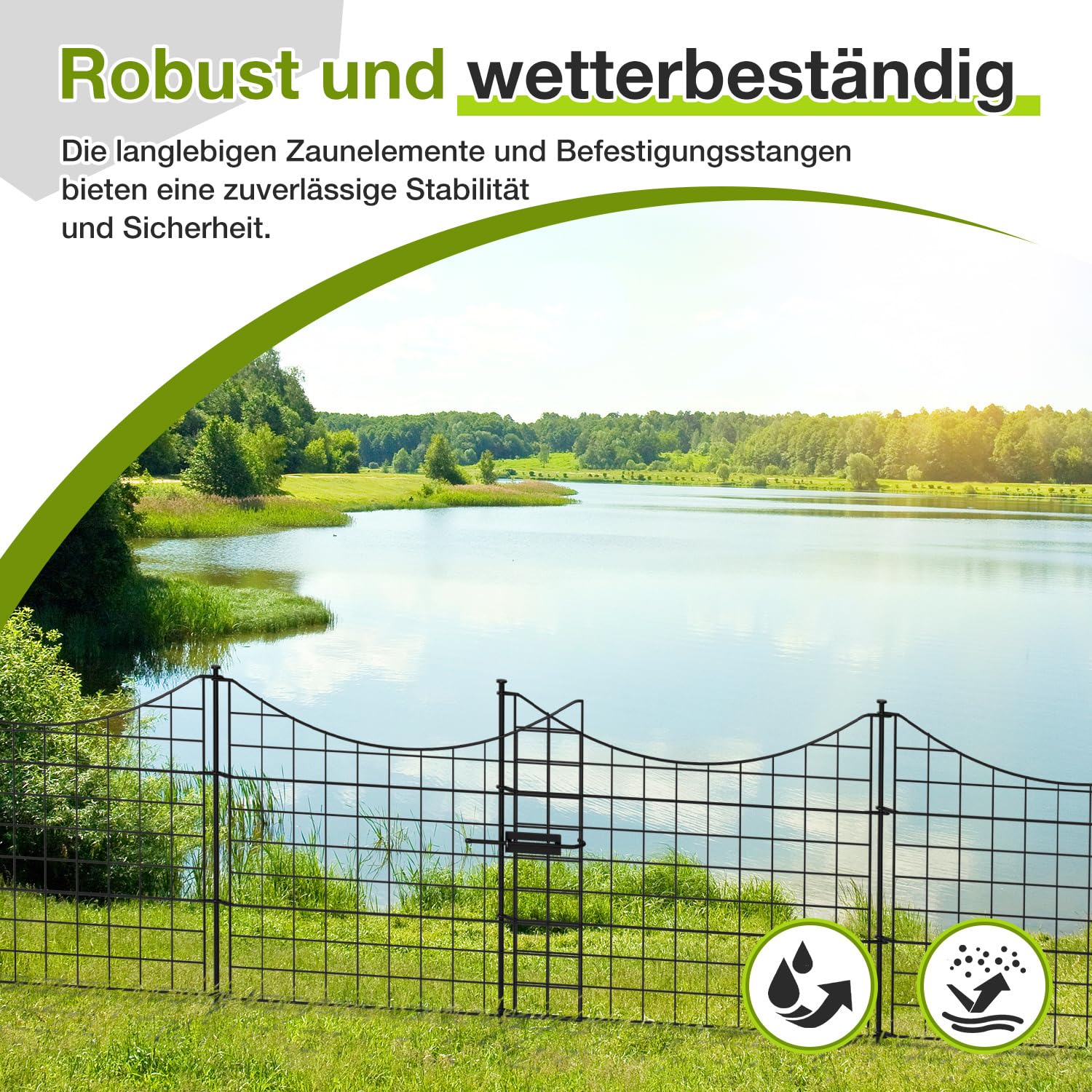 Teichzaun Gartenzaun Steckzaun Komplettset Metall 5 Unterbogen Zaunelemente, Gesamtlänge 3,87 m, inklusive 6 Befestigungsstäbe und Springverschluss, Hundezaun Tierbarriere, Schwarz