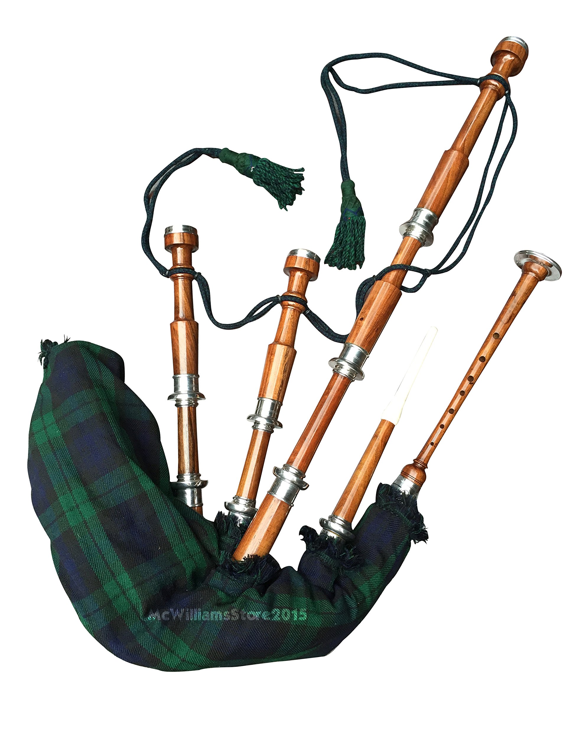 McWilliams SCOTTISH HIGHLAND BAGPIPE FNS MOUNTS BLACK WATCH TARTAN AND BAG