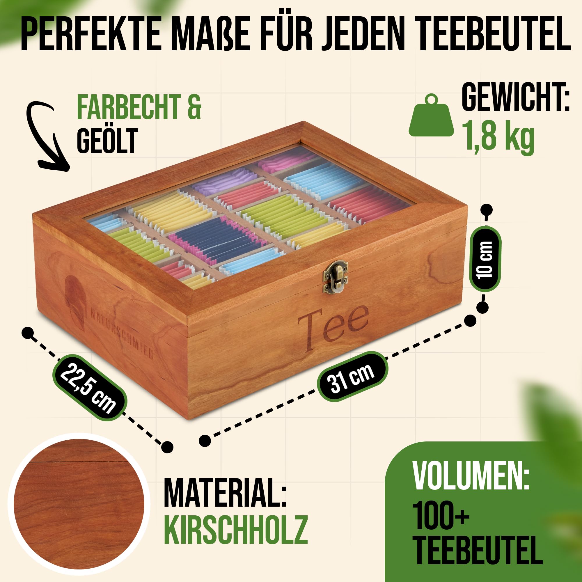 Boîte à thé de qualité supérieure en bois de cerisier avec 20 compartiments flexibles et fenêtre de visualisation (22,5 x 31 x 10 cm) - Charnières renforcées + fermeture solide -