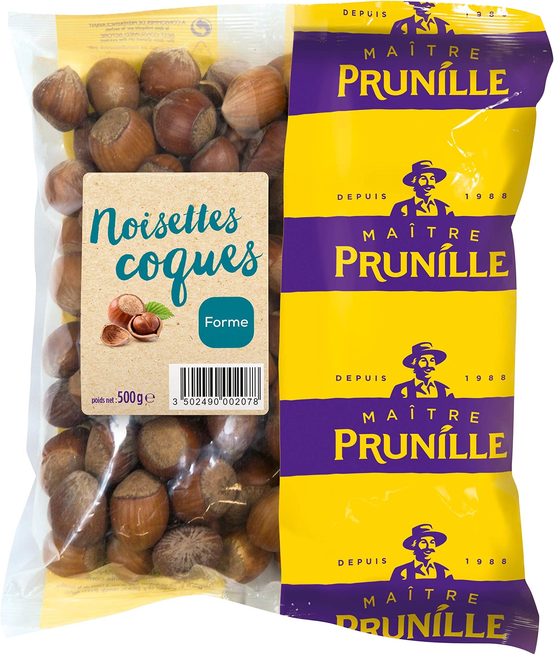 MAÎTRE PRUNILLE - Noisettes Entières Avec Coque - Fruits Secs Forme - Origine France - Calibre 20/22 mm - Sachet 500 g (Lot de 6)