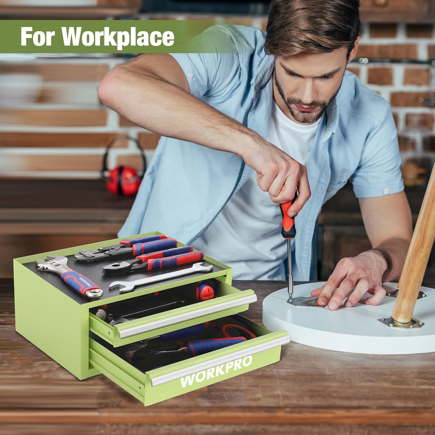 WORKPRO 12.5" Mini Tool Box with 2 Drawers & 1 Open Top Storage, Small Metal Tool Chest with PVC Liners & PP Feet Pads, Cold Rolled Steel Toolbox with Drawer Liners & Magnetic Tabs