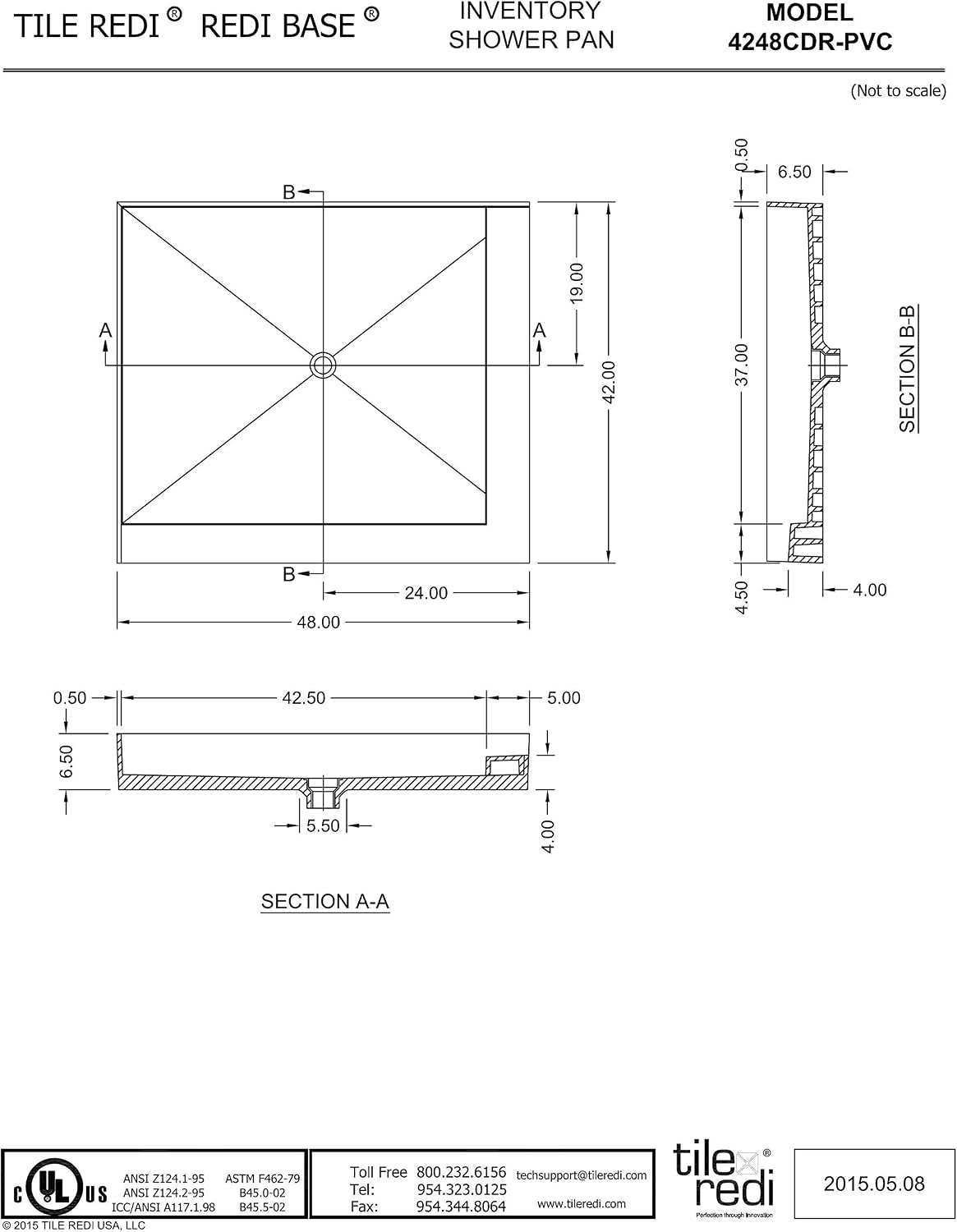 Tile Redi 4248CDR-PVC Shower Pan with Center Drain- Double Curb Shower Base, 2" PVC Drain, and Plate Included, 48" Width x 42" Depth