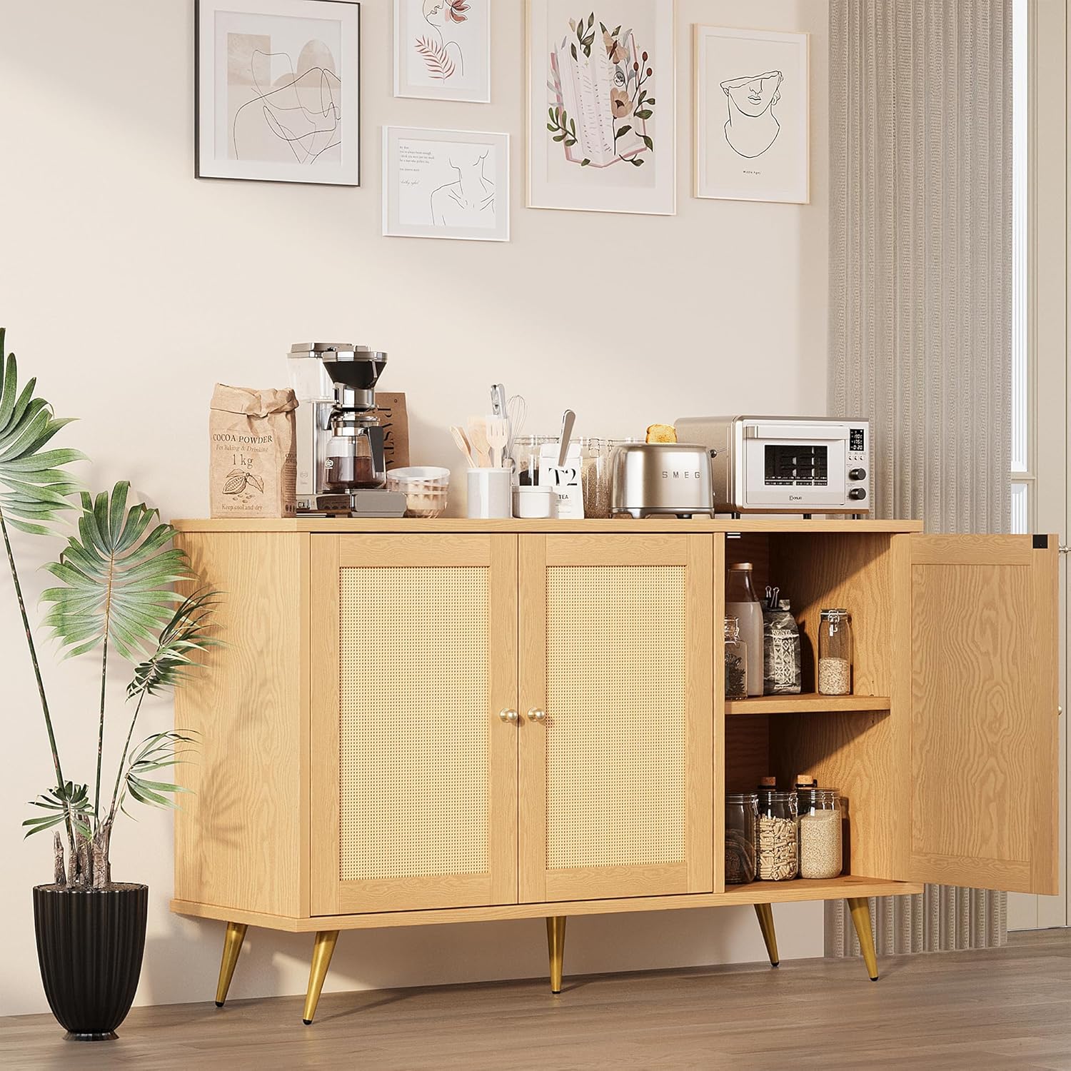 Shintenchi Large Rattan Storage Cabinet, Modern Sideboard Cabinet, Accent Large Storage Space Cabinet with Rattan Decorated Doors for Living Room, Dining Room