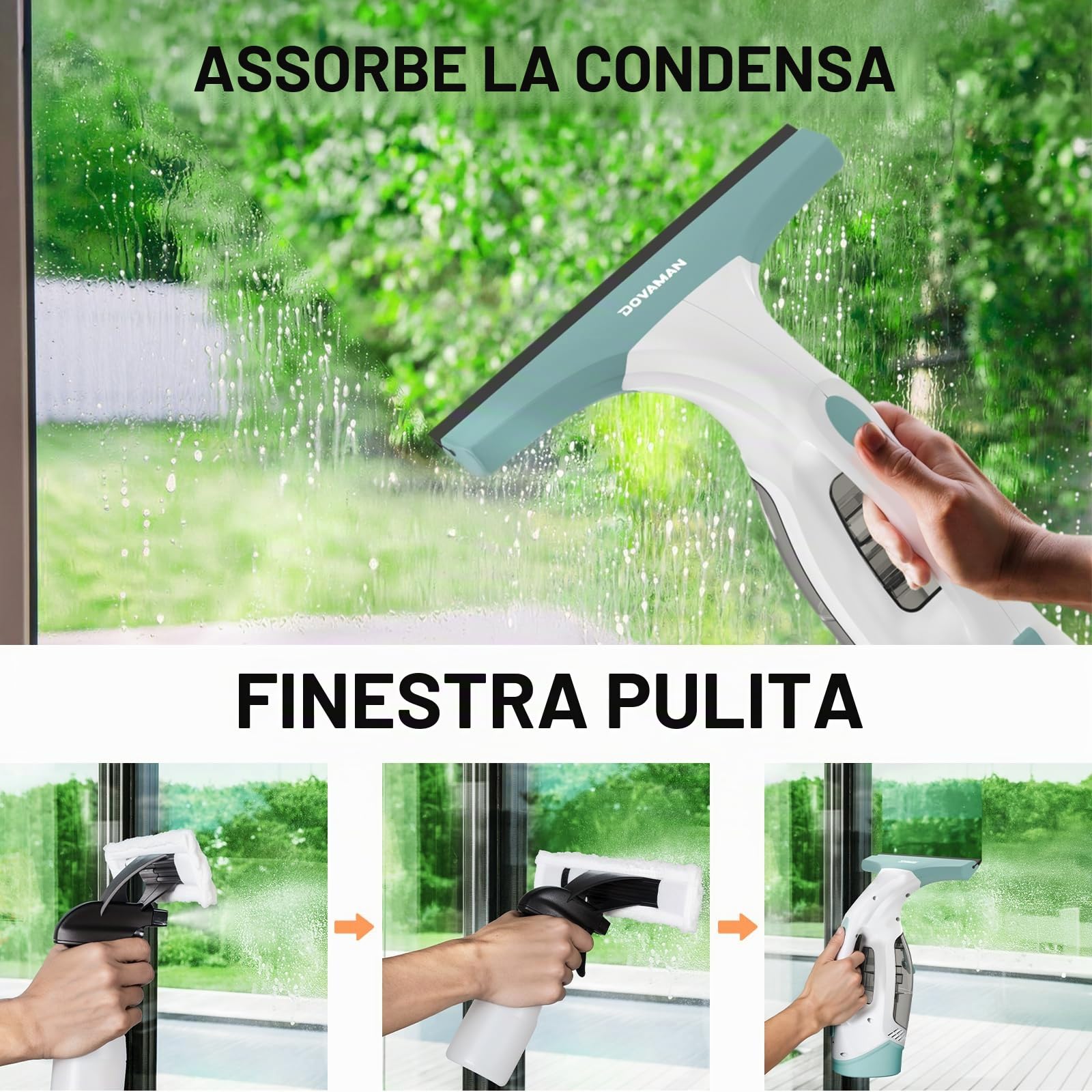 DOVAMAN WC01A Lavavetri Elettrico, 30 Min Autonomia, Bocchetta 280mm, Spruzzino con 2 Panni Microfibra, Serbatoio 150ml, 150m² per Carica, 700g Lava Vetri Finestre Elettrico