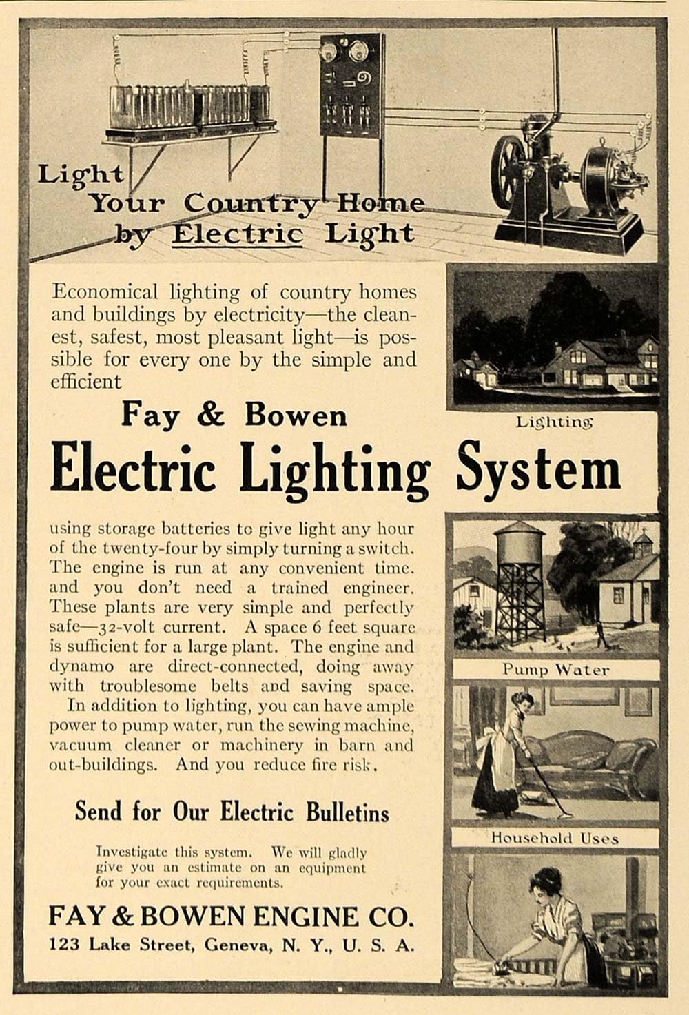 1913 Ad Fay Bowen Electric Lighting System Machine
