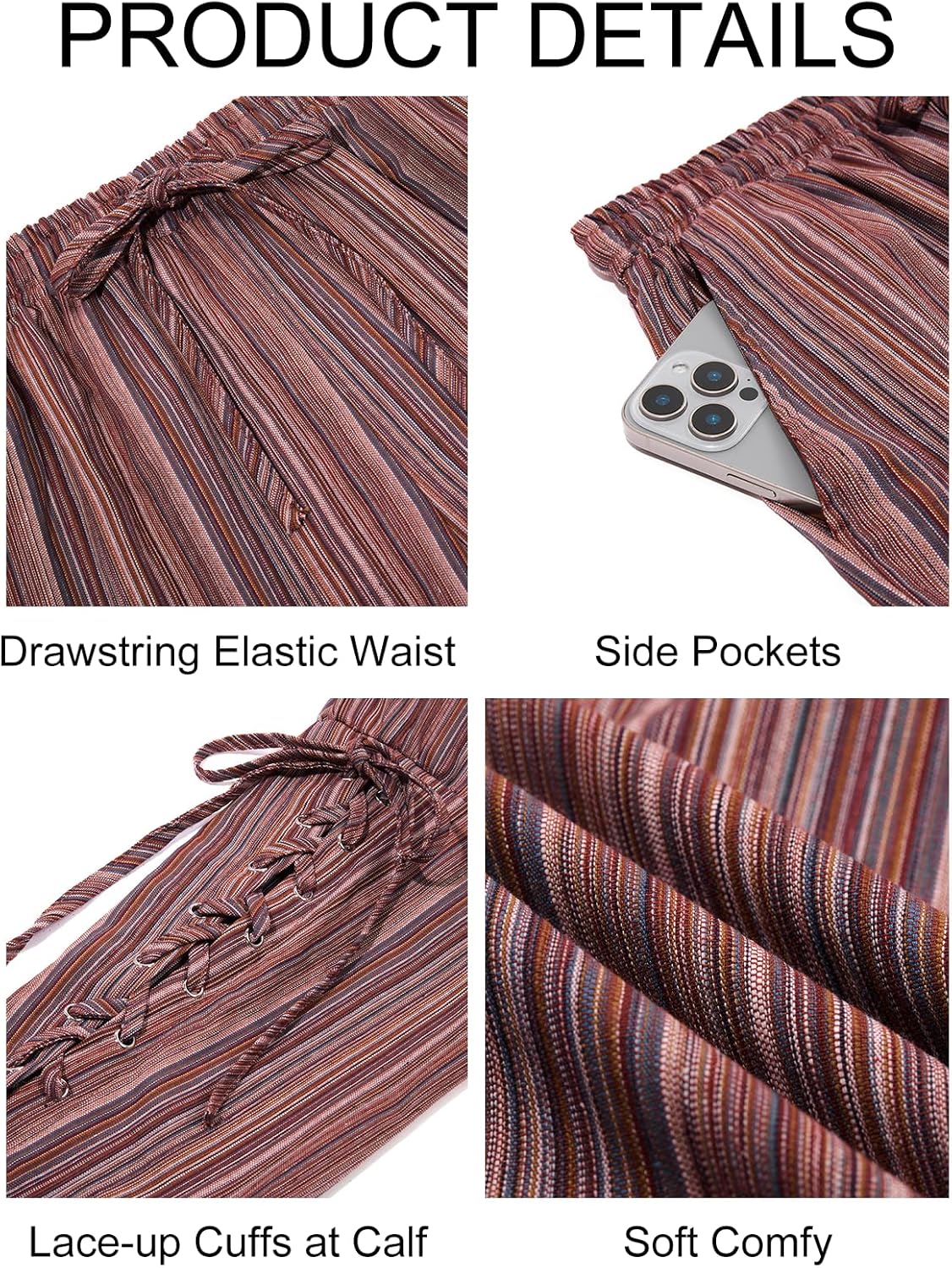 Runcati Mens Medieval Ankle Pants Renaissance Viking Navigator Pirate Pants Lace Up Striped Halloween Costume Trousers - Image 4