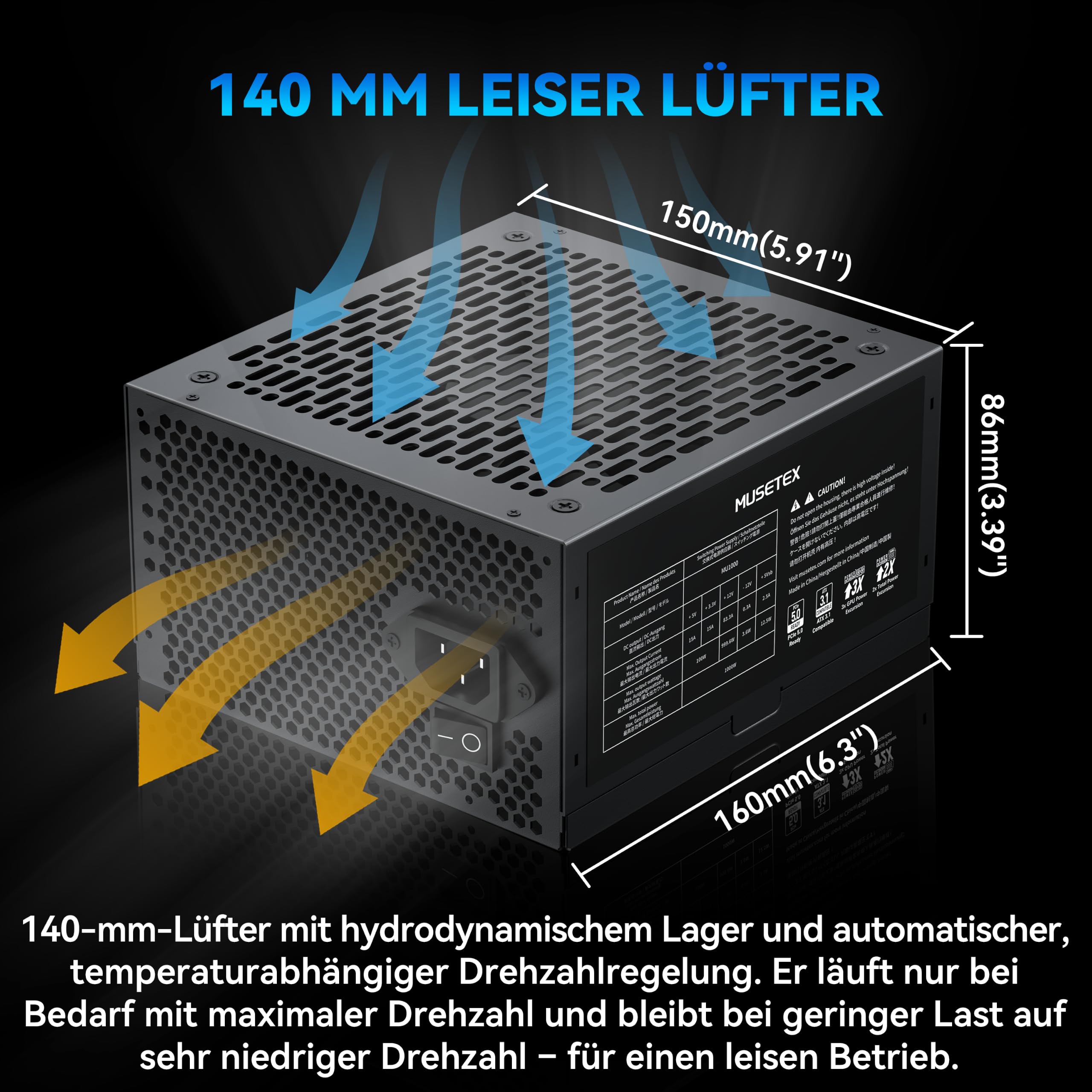 MUSETEX 1000 Watt Netzteil, vollständig modulares ATX-Netzteil mit 12V-2x6-Kabel, ATX 3.1 & PCIe 5.0 Gaming-Netzteil, 105°C-Hauptkondensatoren, leiser 140-mm-Lüfter, Netzteil PC, (Schwarz) (MU1000)