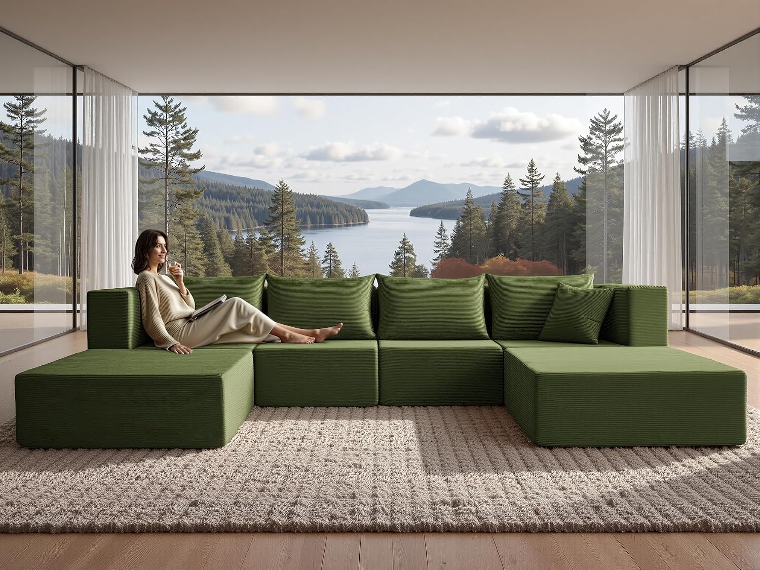 YINIX 140″ Modular Corduroy Sectional Sleeper Sofa - Image 1