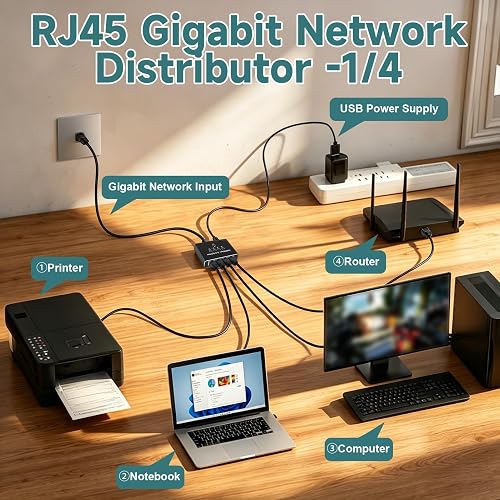 Multiprise RJ45, Répartiteur Réseau LAN 1 vers 4 Switch Ethernet 1000Mbps - 5