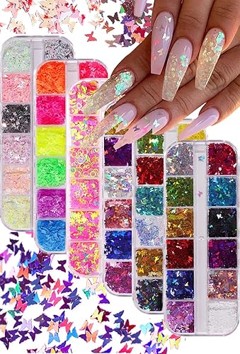 Pybider Paquete de 6 lentejuelas holográficas 3D de 48 colores 3D para arte de uñas, paillettes mixtas ultrafinas y brillantes, manicura, decoración