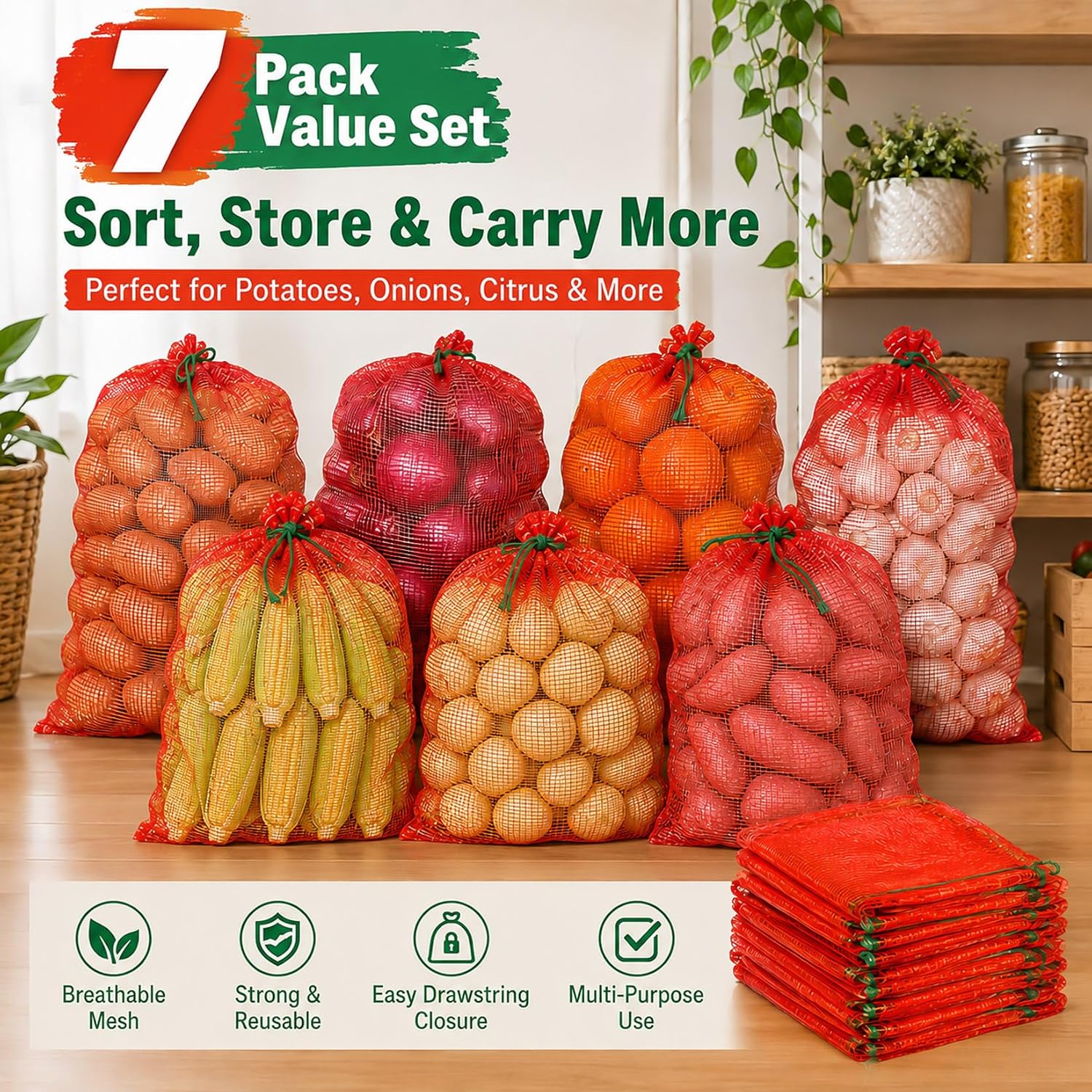 Sukh 7 Pcs Large Mesh Produce Bags - 60lbs Mesh Vegetable Bags Reusable Washable Storage Bag Breathable Produce Bags Onion Storage With Drawstring for Potato Onion Citrus Fruits 20"X32" Red