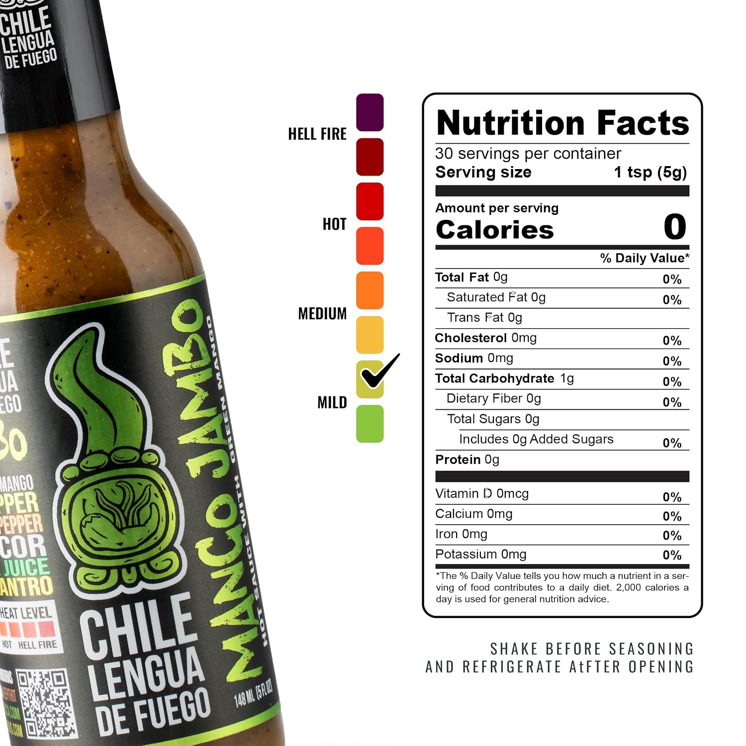 Chile Lengua de Fuego Mango Jambo – Green Mango & Serrano Hot Sauce, Fresh Citrus Mild Heat, 5 oz Bottle (Pack of 1)