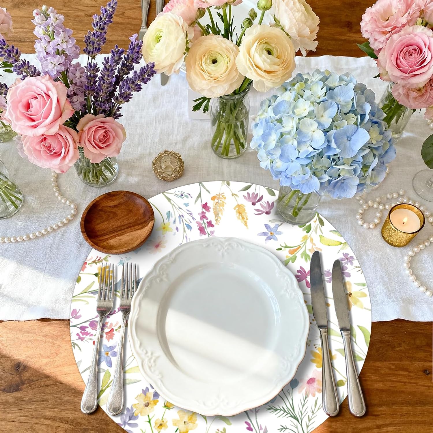 50PCS Floral Disposable Paper Placemats 13.5 Inch Summer Flowers Placemats Pastel Watercolor Round Table Mats for Wedding Anniversary Bride Party Supplies