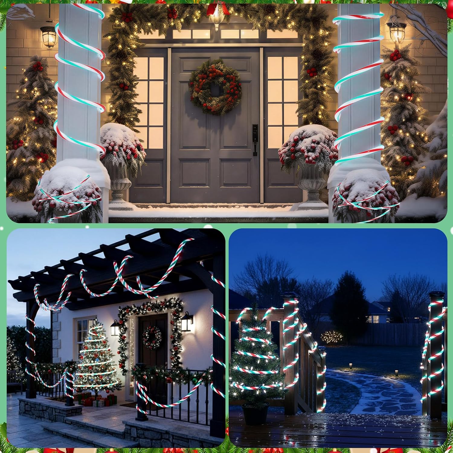 Glooglitter Thick Christmas Candy Cane Rope Light 0.4" Diameter, 33 ft 200 LED Candy Lights 8 Modes Waterproof Multicolor Lights for Garden Xmas Tree, Indoor Outdoor Christmas Decoration (White)
