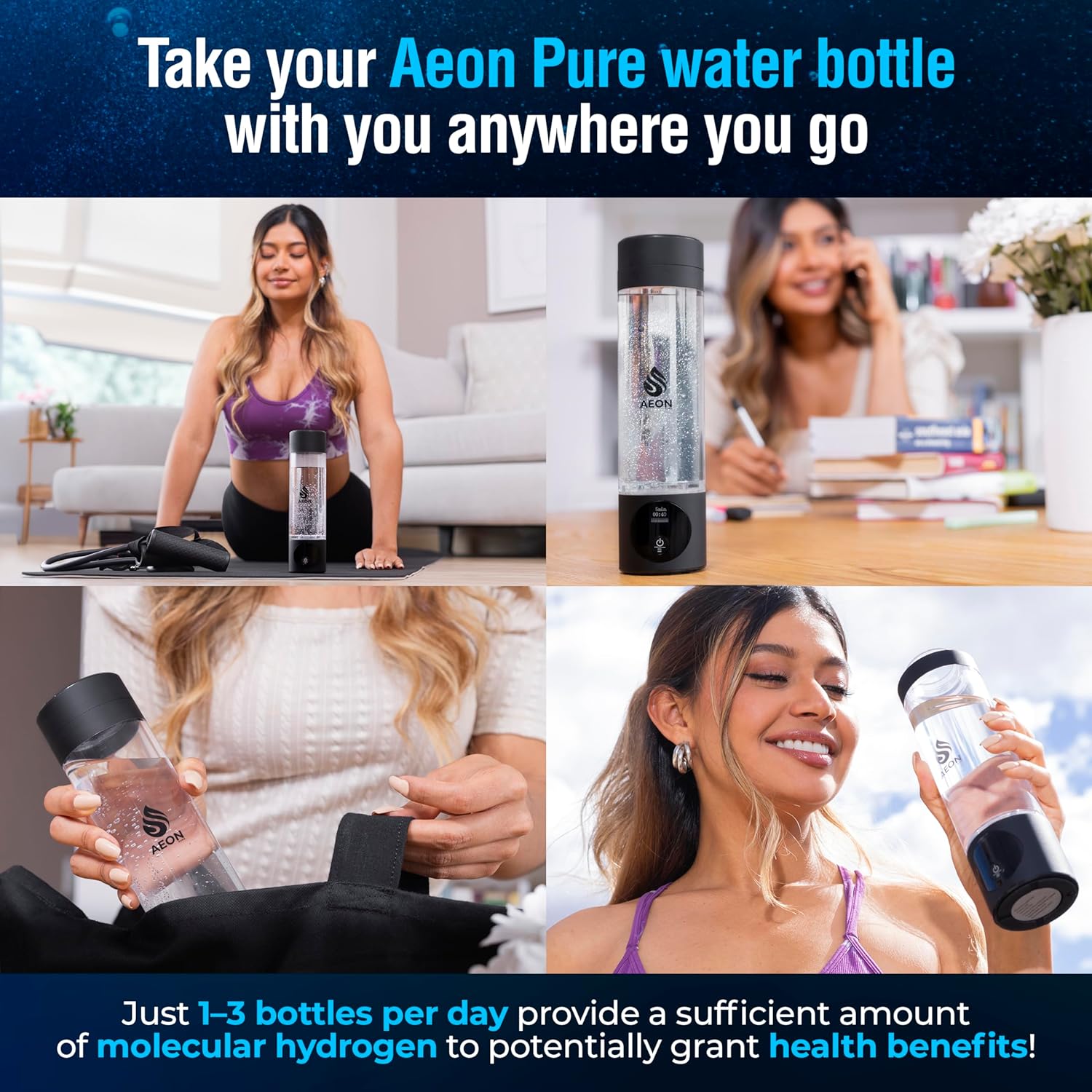 Hydrogen Water Bottle Generator - Water Machine With SPE & PEM Technology, Rechargeable Ionizer up to 4.5 PPM, Black