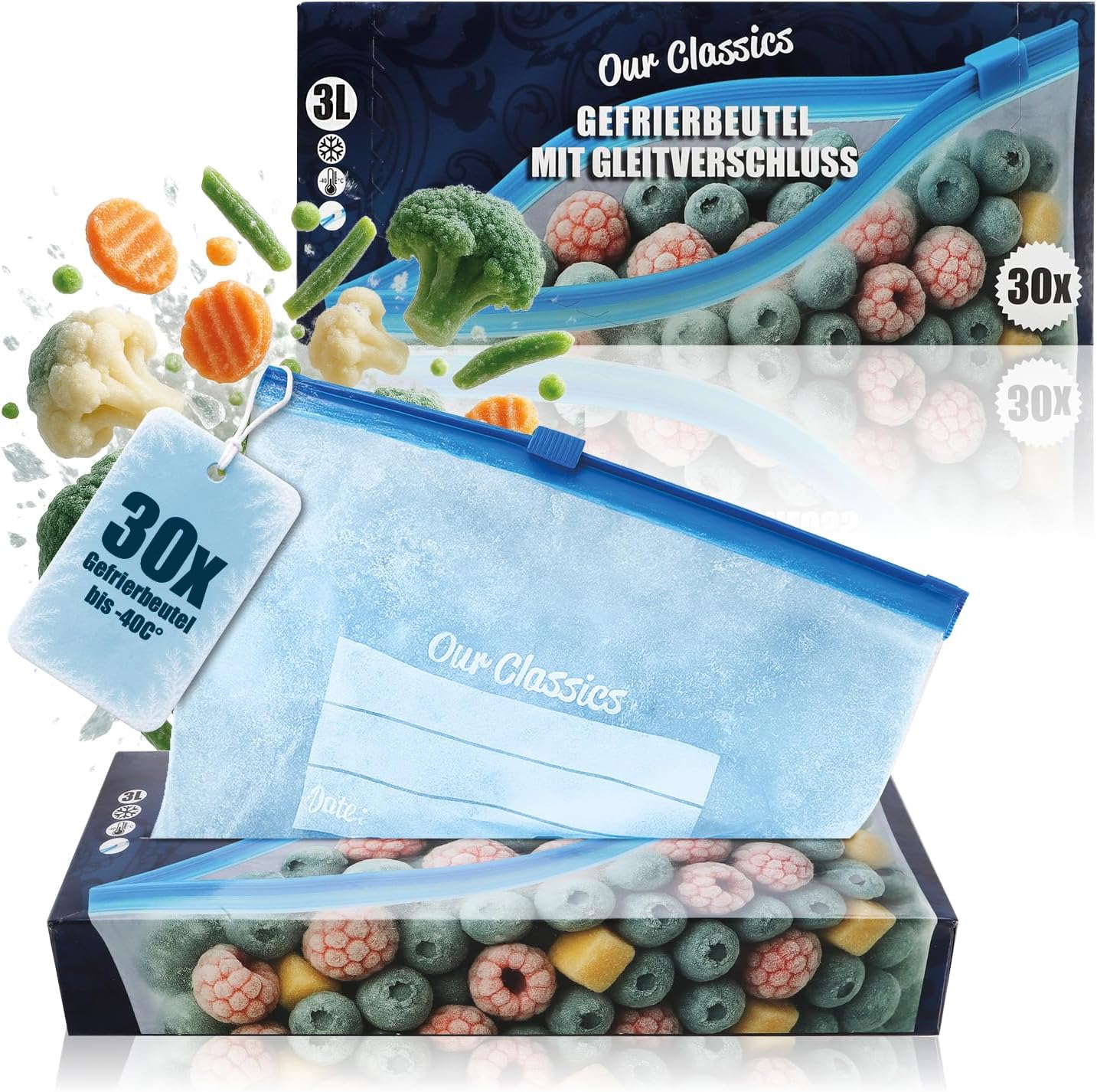 com-four® 30x Torebki do mrozenia 3L z zamknieciem, Wielokrotnego uzytku | Uniwersalne worki na swiezosc i aromat do -40°C