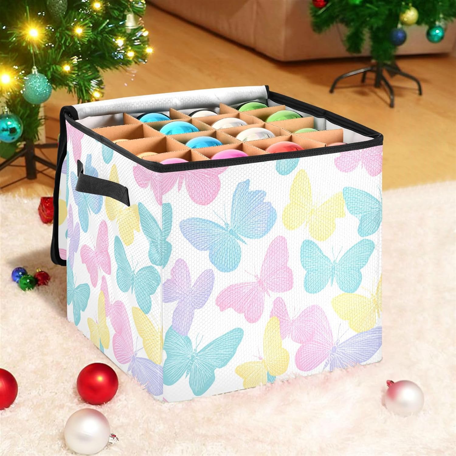 OTVEE Christmas Ornament Storage Box Holiday Decoration Organizer Stores upto 64 Holiday Ornaments Adjustable Dividers Tear-Proof Fabric Butterfly Decor