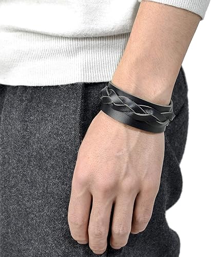 Miniatura 5 de Tornito Pulsera de cuero genuino trenzada para motociclista, estilo punk, con cinturón ancho, para mujeres, hombres, negro, marrón, tamaño ajustable