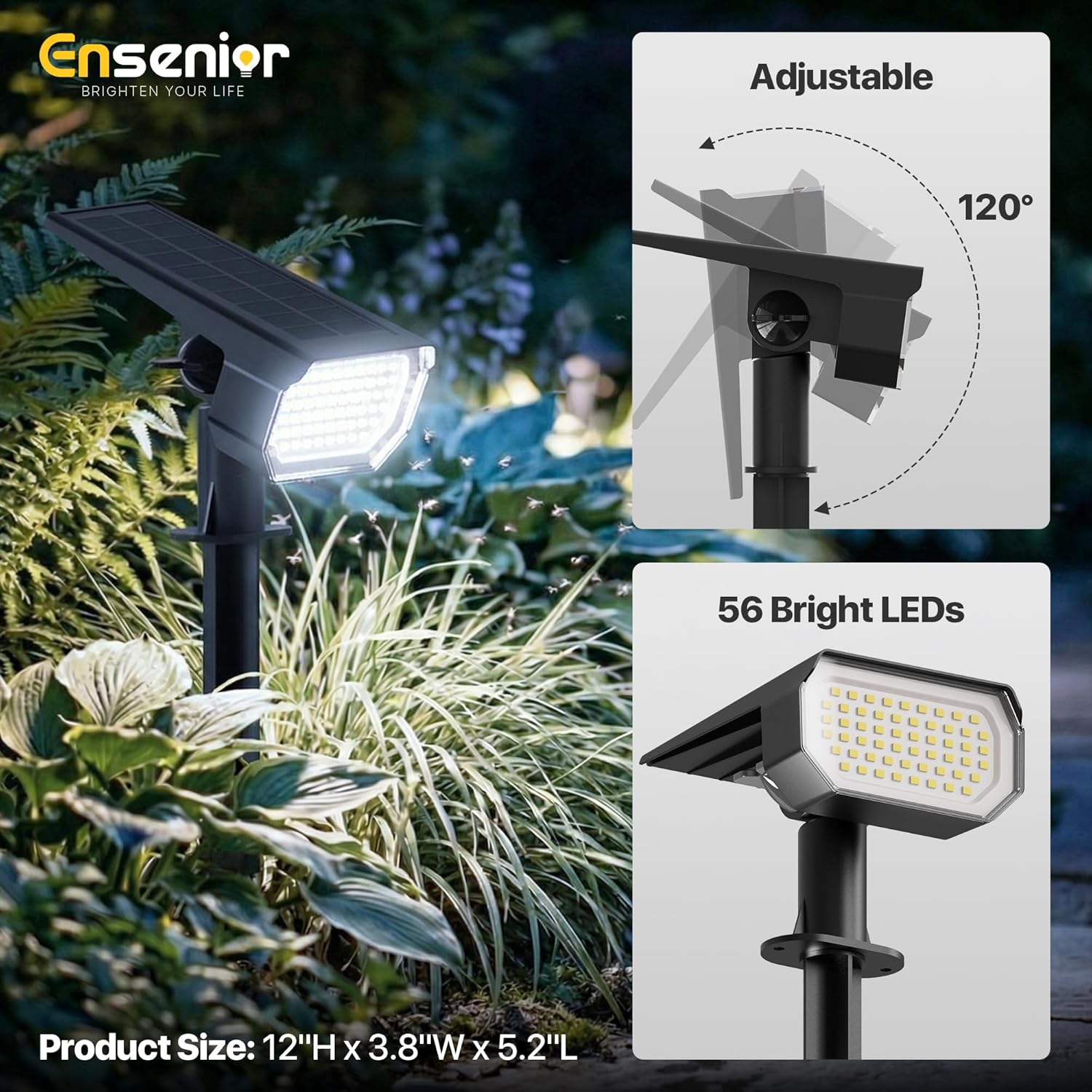Ensenior Solar Spotlights Outdoor, 56 LEDs Brightness Adjustable 6500K LED Solar Garden Lights, Halloween Christmas Landscape Lighting for Flag/Yard/Pathway, IP65 Waterproof - 4 Pack