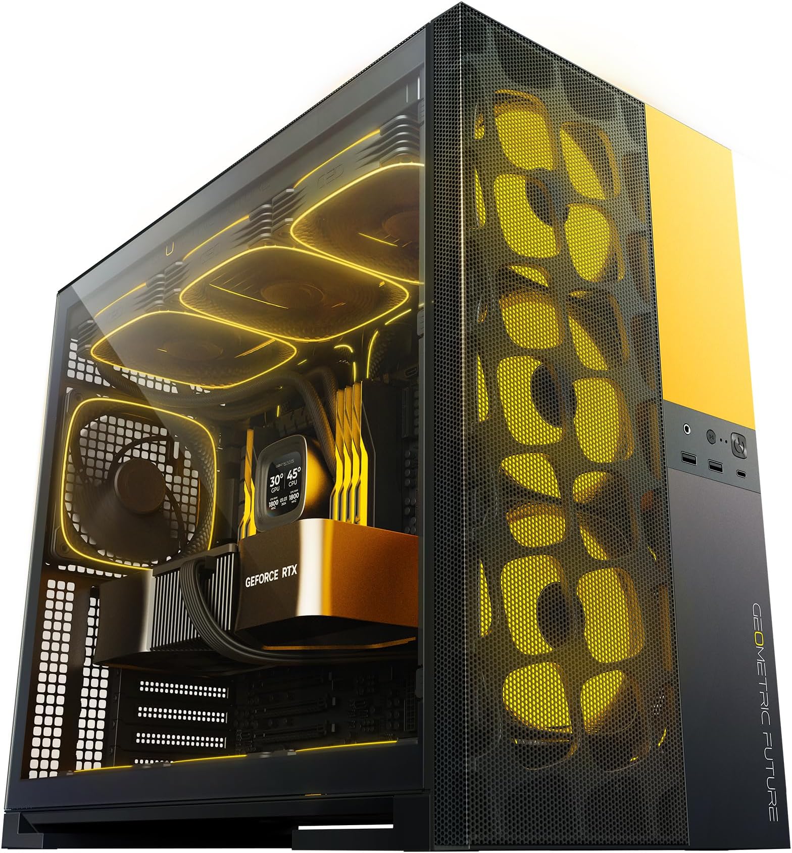 M5 Vent, Mesh Panel Tempered Glass Mid Tower, E-ATX/ATX Gaming Case, High Airflow, Type C, Support 420/360 Rad, ARGB PWM 140mm Fan x 5 Pre-Installed, Black/Yellow, GEO-M5VF-BY