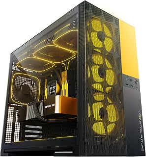Geometric Future M5 Vent, Mesh Panel Tempered Glass Mid Tower, E-ATX/ATX Gaming Case, High Airflow, Type C, Support 420/360 Rad, ARGB PWM 140mm Fan x 5 Pre-Installed, Black/Yellow, GEO-M5VF-BY