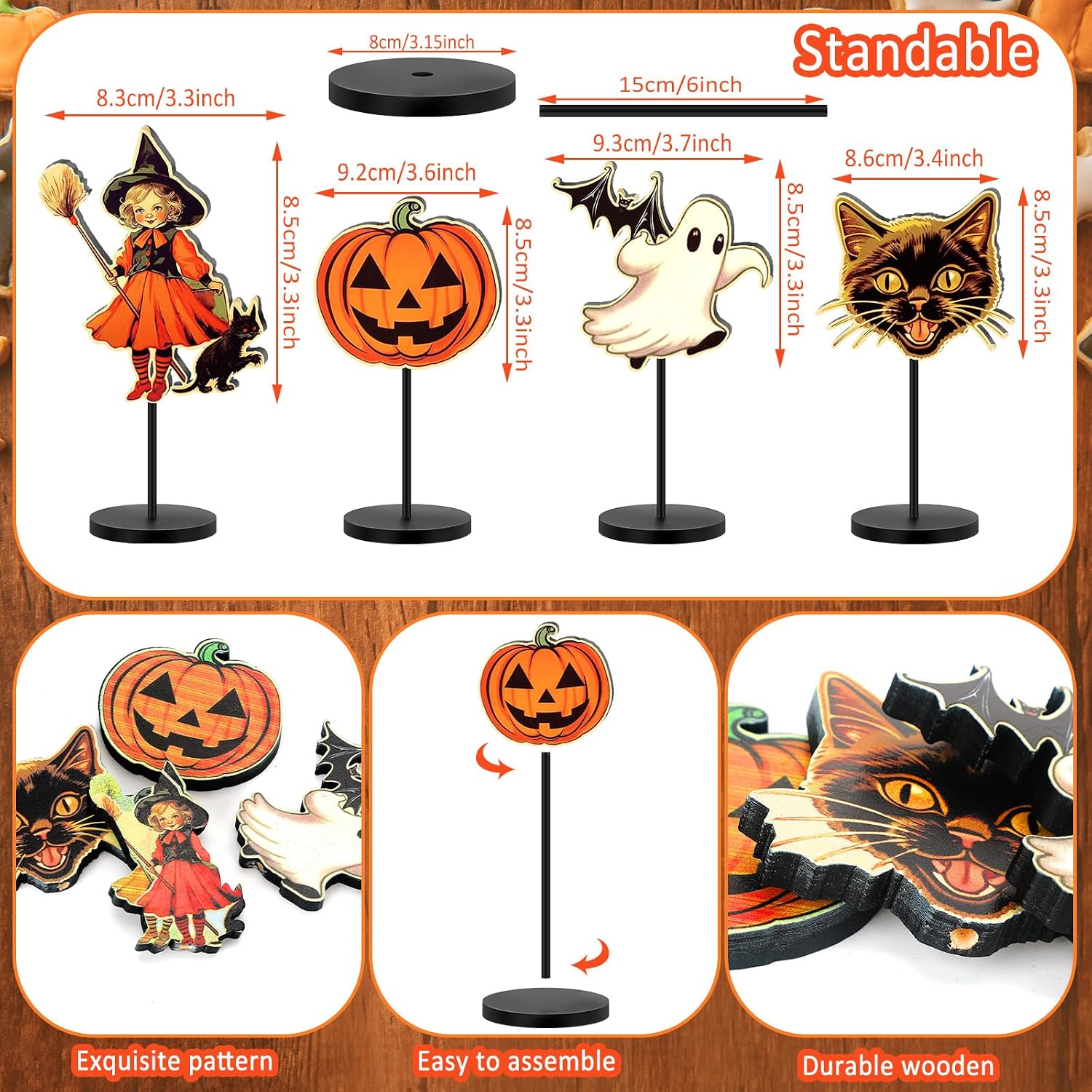 Huwena 4 Pcs Vintage Halloween Wood Table Decor Pumpkin Witch Cat Ghost image 2